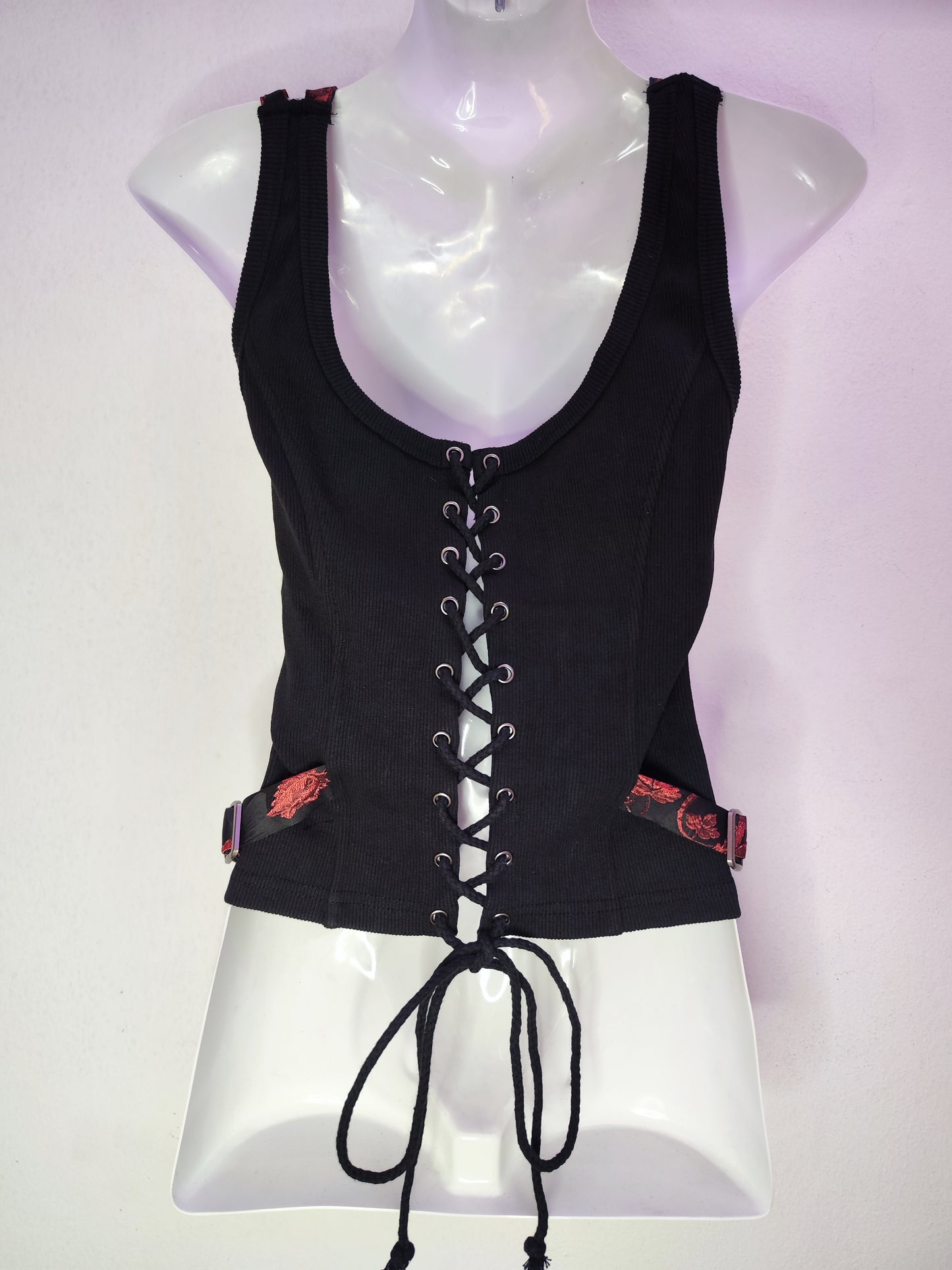 Corset Top- Leaf & Flowers Ornament - Black/Red