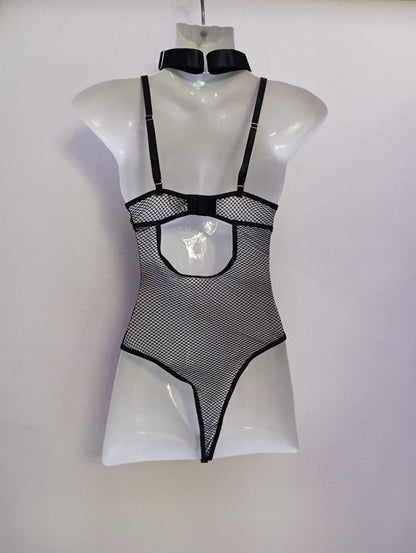 PVC and Mesh Bodysuit with Collar