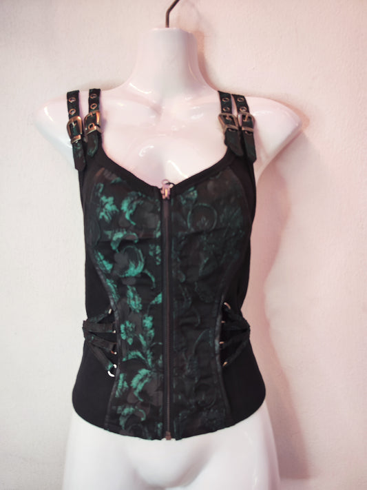 Corset Top - Leaf & Flowers Ornament - Black/Green