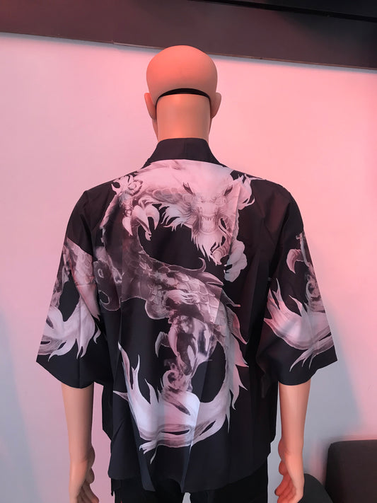 Men's Kimono's Top Black White Dragon