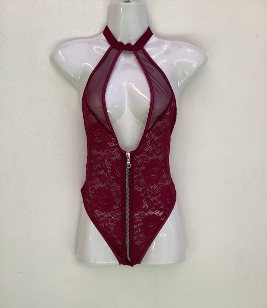 Maroon Lace Bodysuit with Zipper