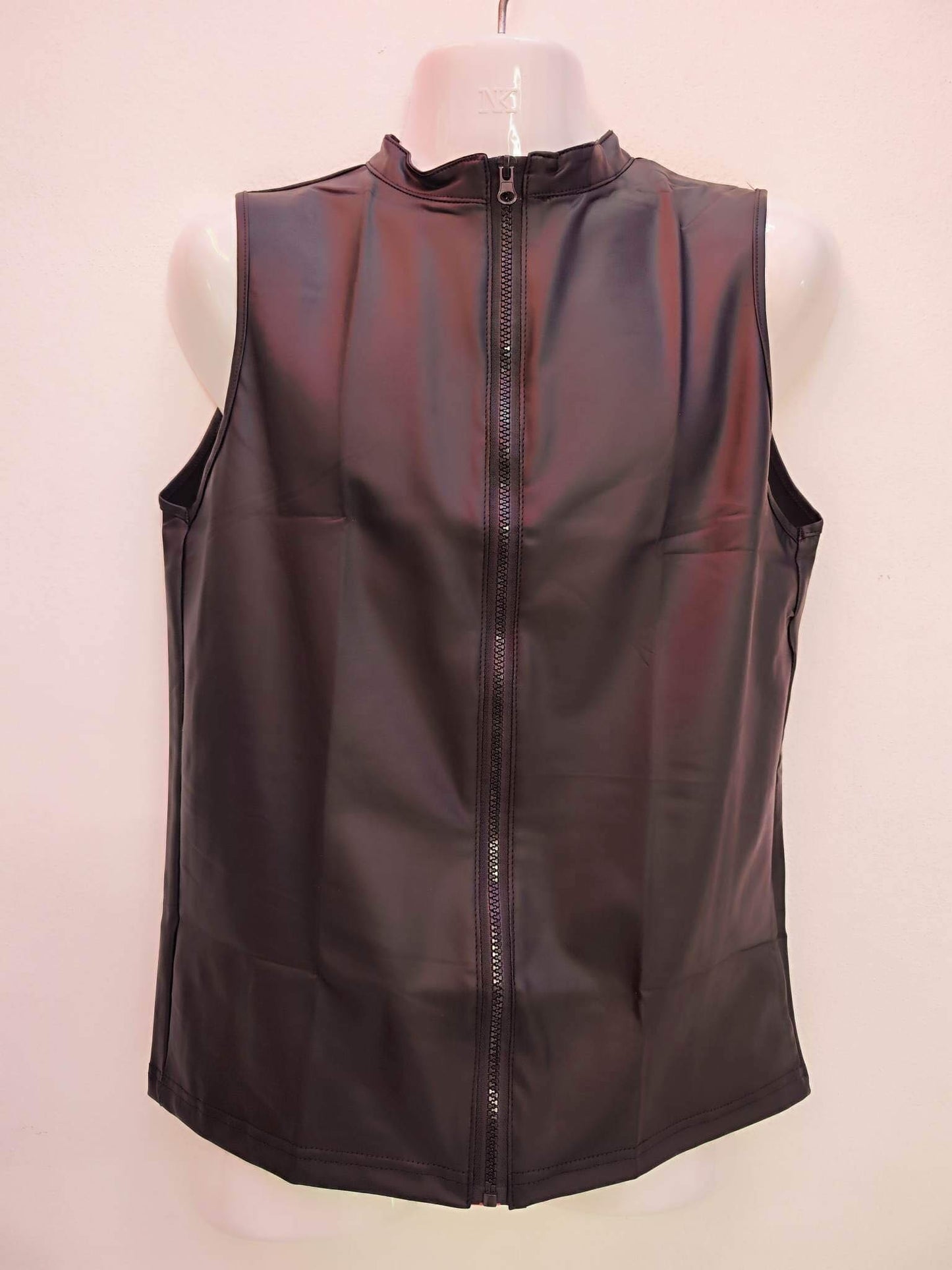 Faux Leather Sleeveless Zip Up Vest - Fei