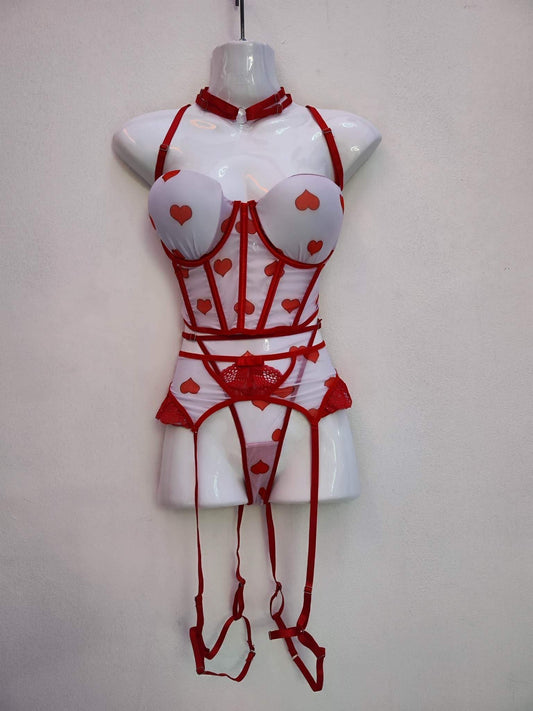 White and Red Heart Lingerie Set