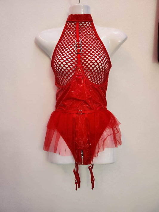 Red PVC Bodysuit w Tutu Garter