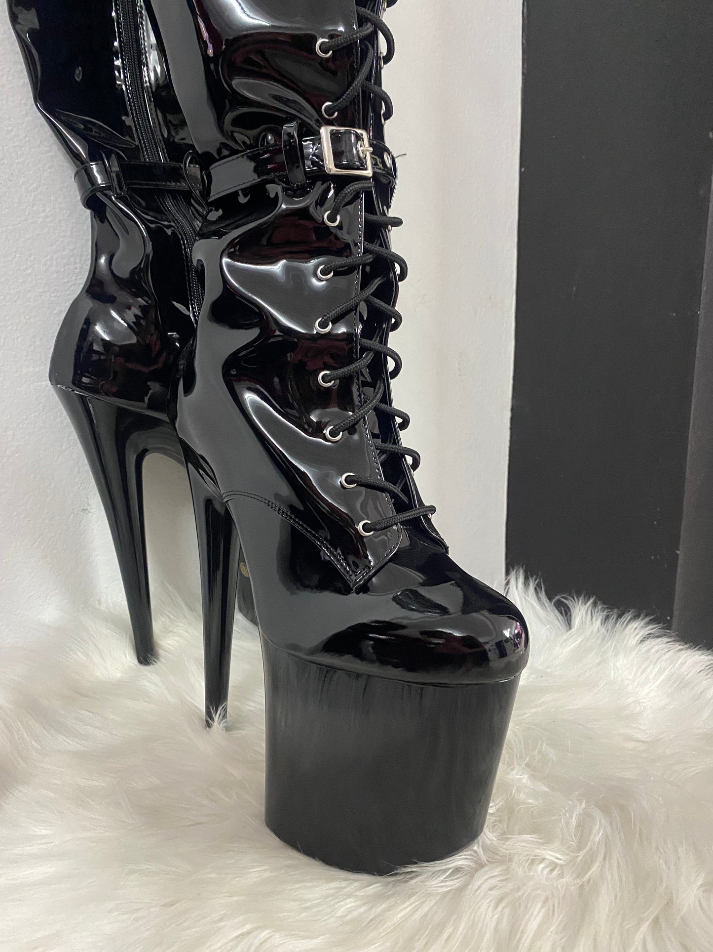 Black Thigh High PVC Stiletto Boots with 8 inch Heel