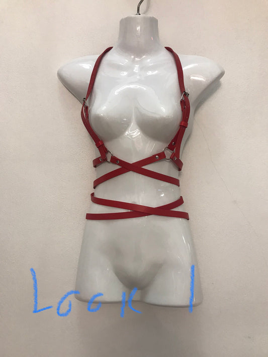 Red Leather Wrap Around Harness and Garter (Set)