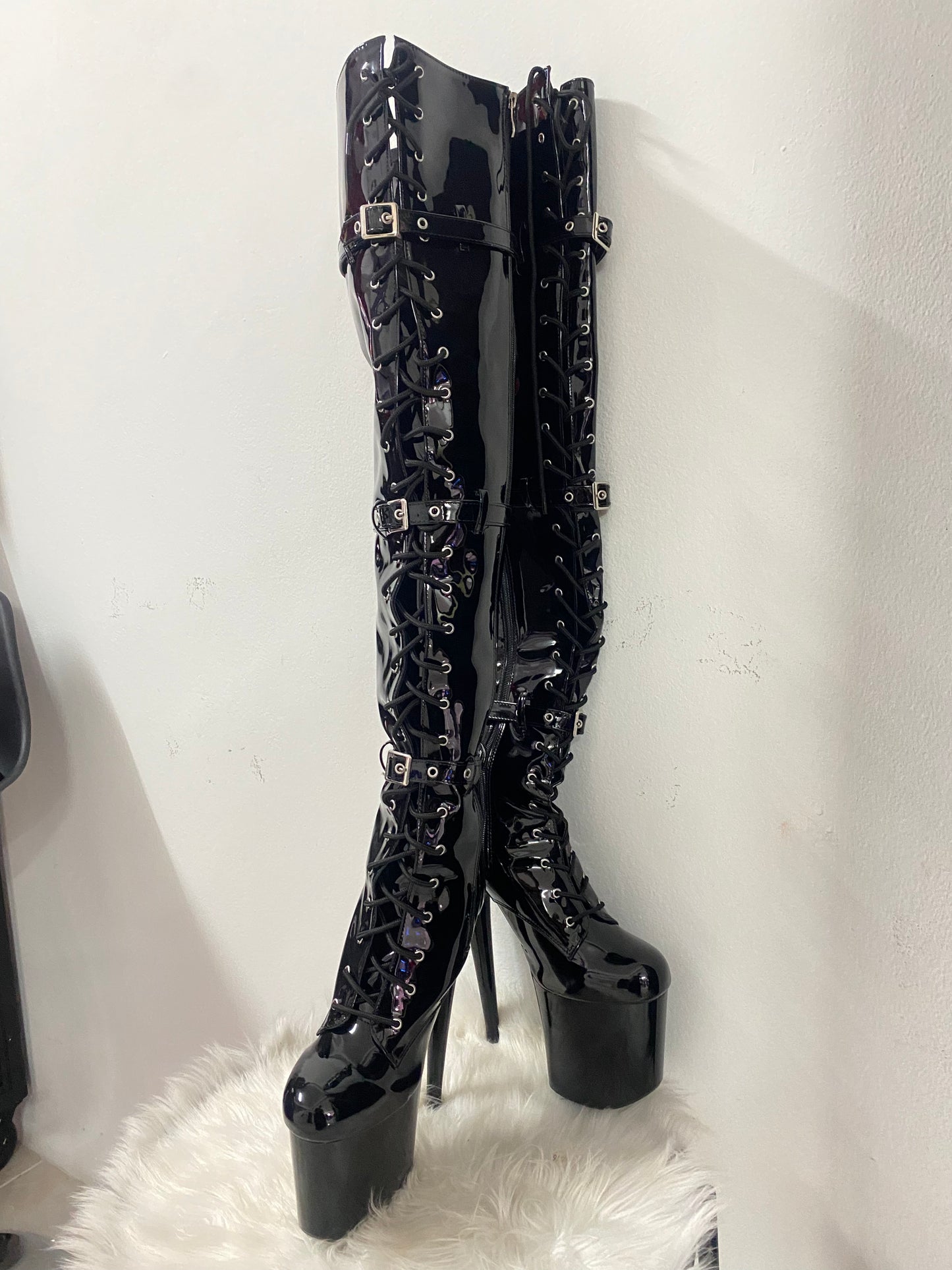 Black Thigh High PVC Stiletto Boots with 8 inch Heel