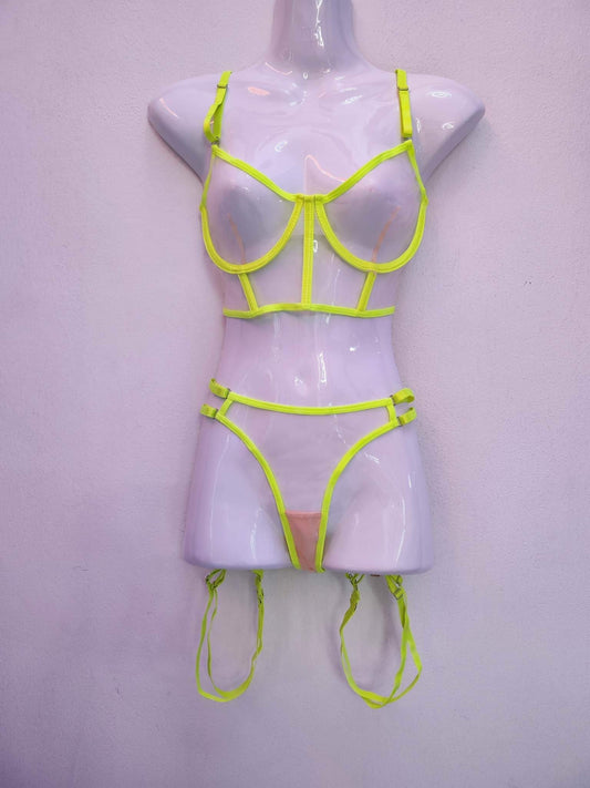 Neon Bra and Garter Set in Neon Yellow